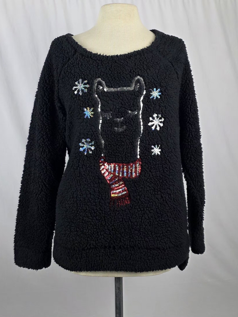 Faded Glory Black Fuzzy Llama Sequin Scarf Sweater Size XL